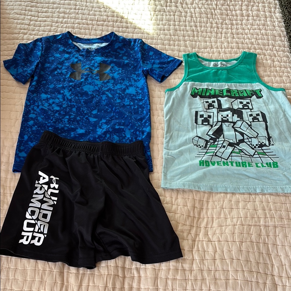 Size 7 Under Armour Blue Kids and Shirt + Jumping Bean Minecraft Tank